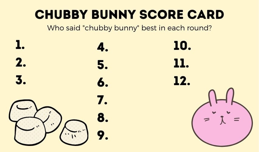 Chubby Bunny Score Card A score card listing the numbers one through twelve, and with a chubby bunny cartoon.