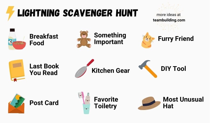 Lightning Scavenger Hunt game board A game card for lightning scaveng hunters, including clues like "last book you read" and "kitchen gear."